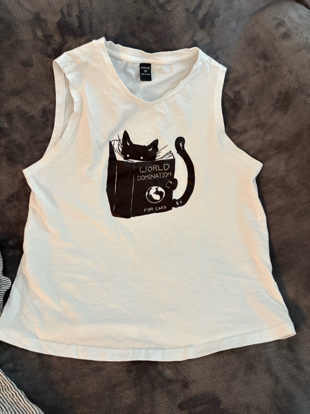 SHEIN White Sleeveless Tank with Black Cat 'World Domination' Graphic